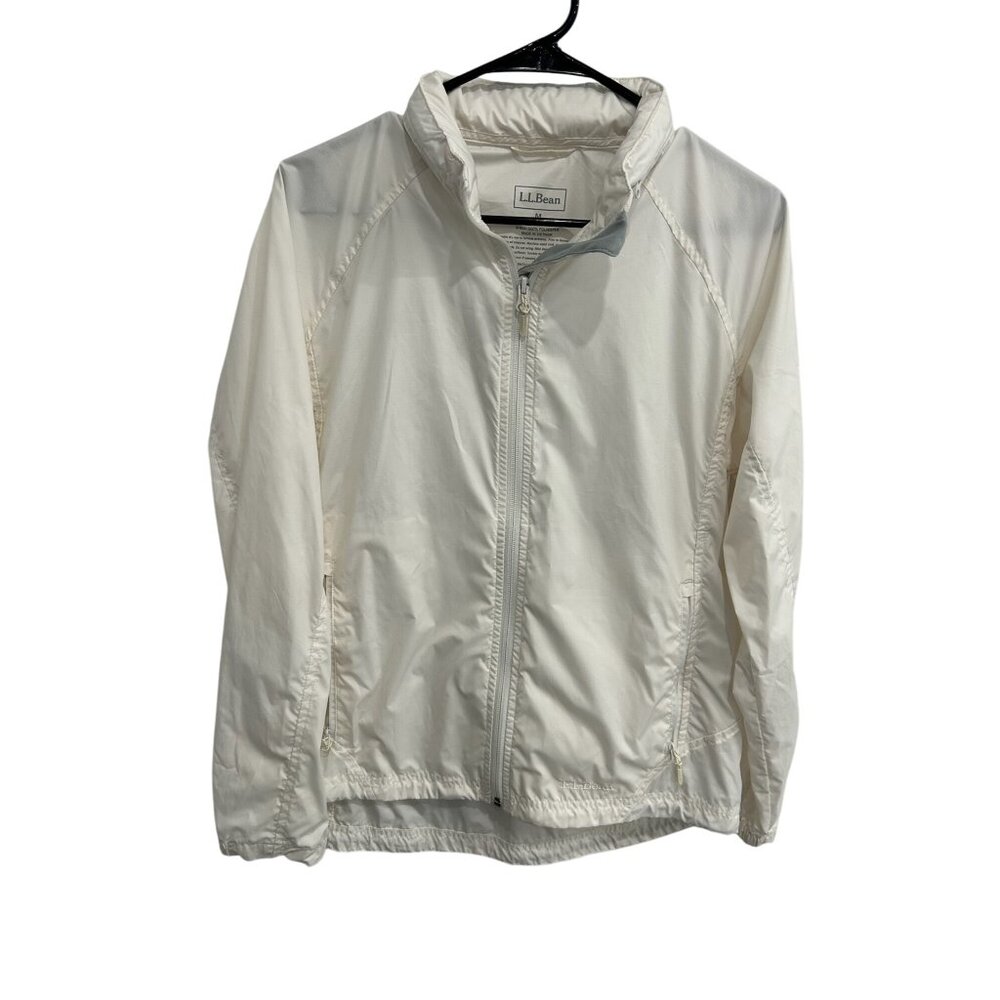 L.L. Bean Full Zip Hooded Windbreaker Jacket Ivory Sz Medium Outdoor Active